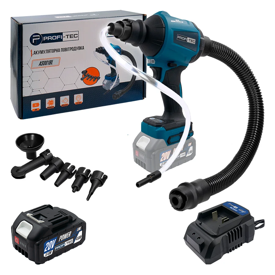 Повітродувка акумуляторна PROFI-TEC AS001BL 20 В безщітковий двигун 200 м/с 1хPT2040MP 4,0 Аг ЗП BC20V 6 насадок (007954)