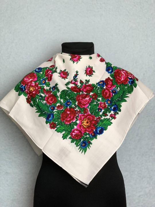 Платок шерстяной Букет больших цветов Белый (29439597)