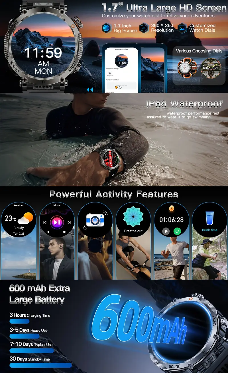 Смарт-часы 1,7'' HD IP68 с компасом/фонариком 600 мАч Зеленый/Черный - фото 8 Смарт-часы 1,7'' HD IP68 с компасом/фонариком 600 мАч Зеленый/Черный - фото 8