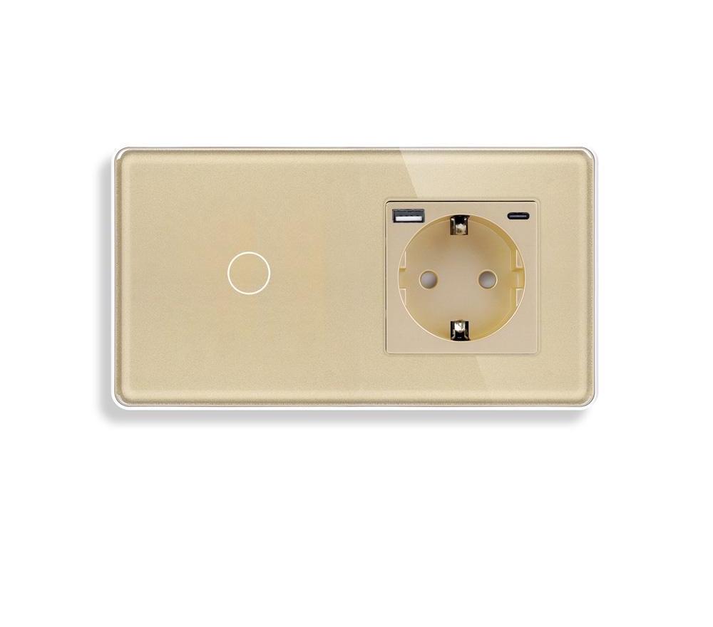 Выключатель сенсорный ELIOS с розеткой USB A+C 20Вт с заземлением/шторками 16А 230В стекло Золотой