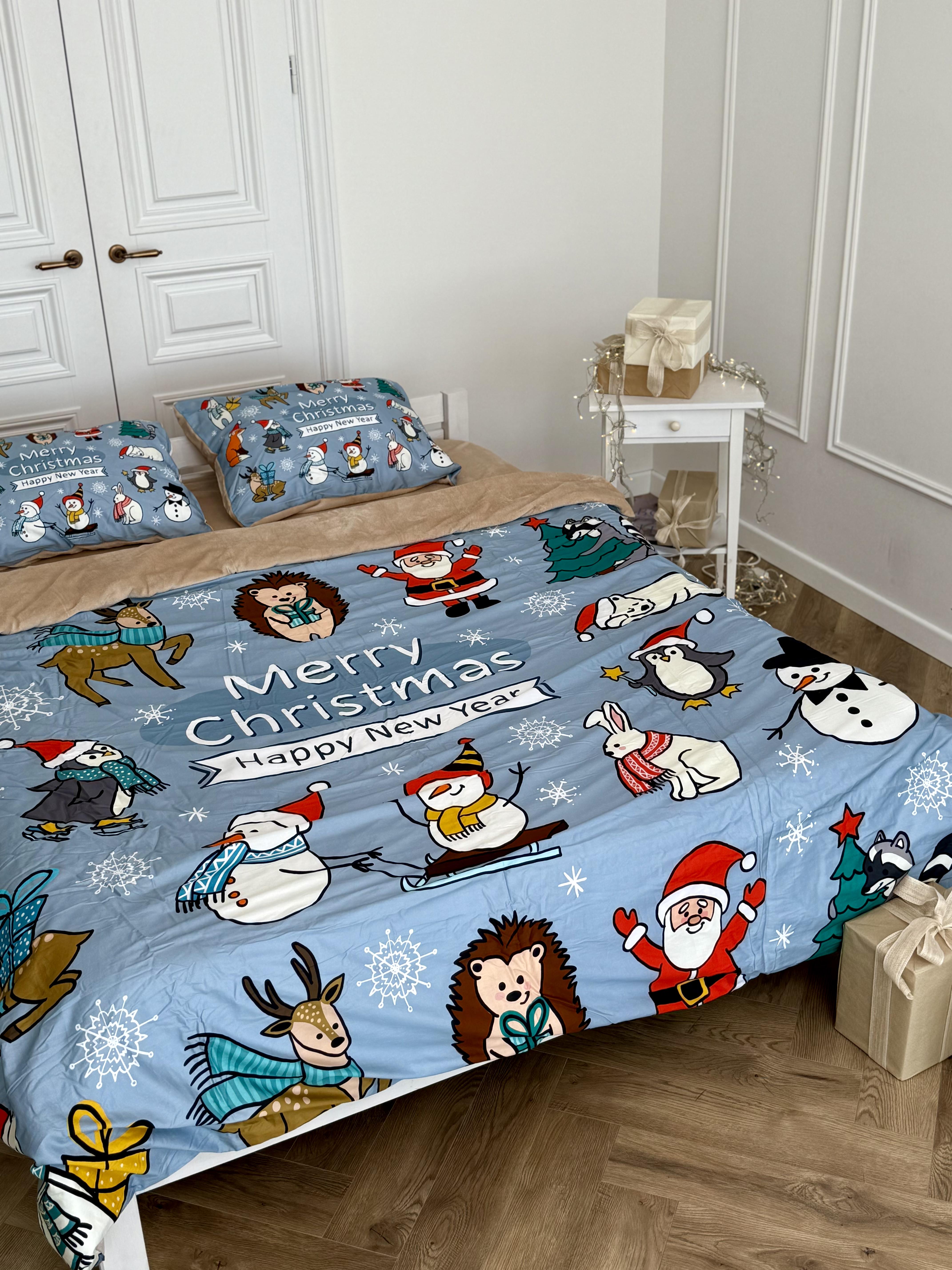 Комплект постельного белья Зимняя Сказка плюш/сатин полуторный/наволочки 50х70 см (9024) - фото 1 Комплект постельного белья Зимняя Сказка плюш/сатин полуторный/наволочки 50х70 см (9024) - фото 1