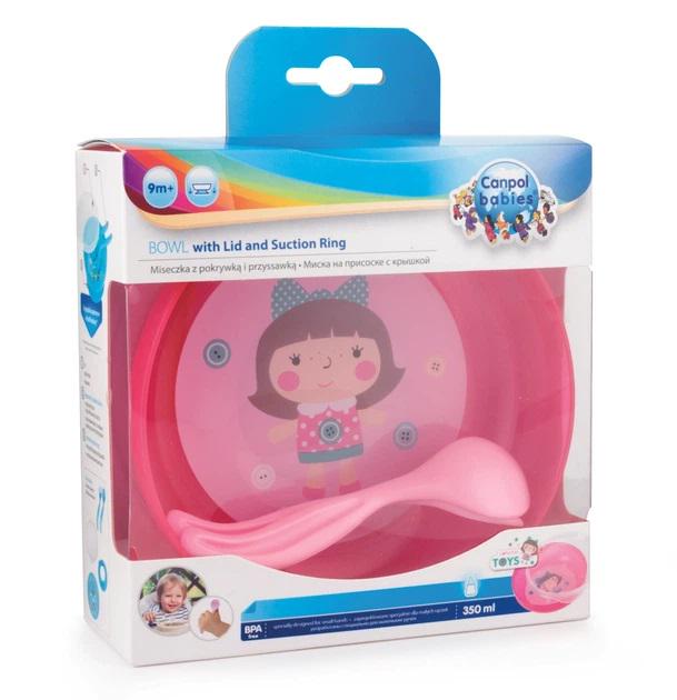 Мисочка Canpol Babies на присосці з кришкою ложкою та виделкою 350мл Рожева (21/300)