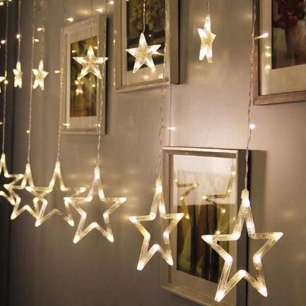Новогодняя гирлянда бахрома Звёзды прозрачный провод 3 м Белый тёплый (472827-Prob)