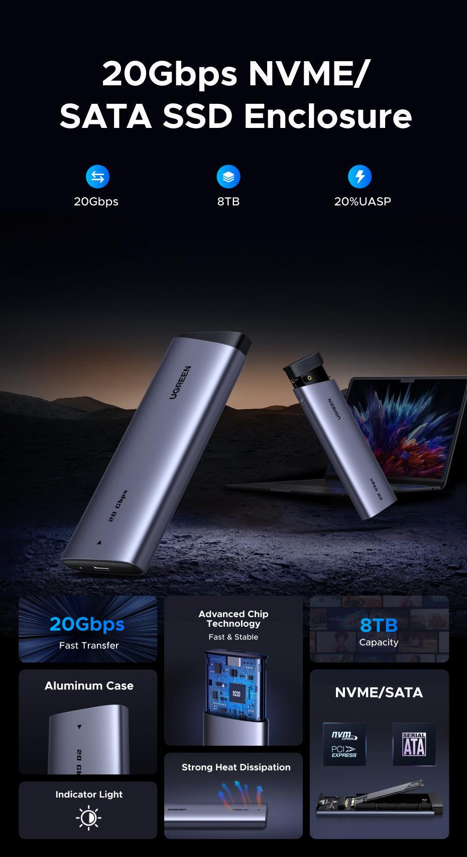 Кишеня зовнішня Ugreen 20 гбіт/с USB Срібний (55150) - фото 2