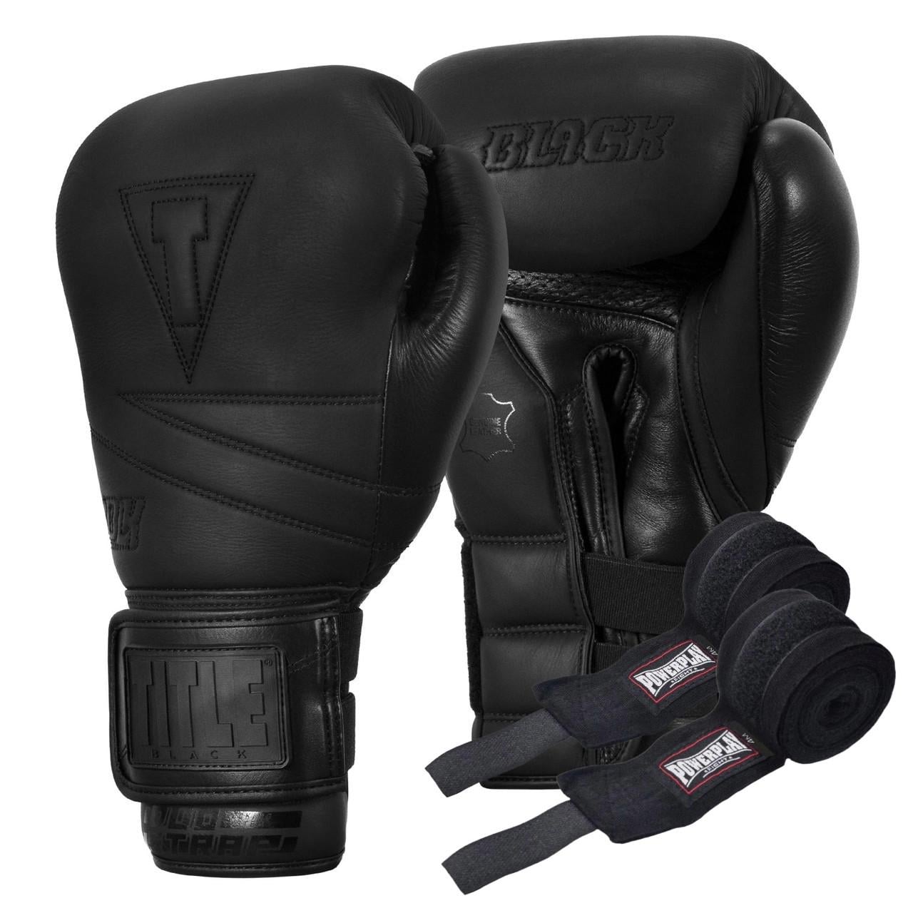 Боксерські рукавиці TITLE Black Bolstered Leather 14 oz з бинтами 4 м Black