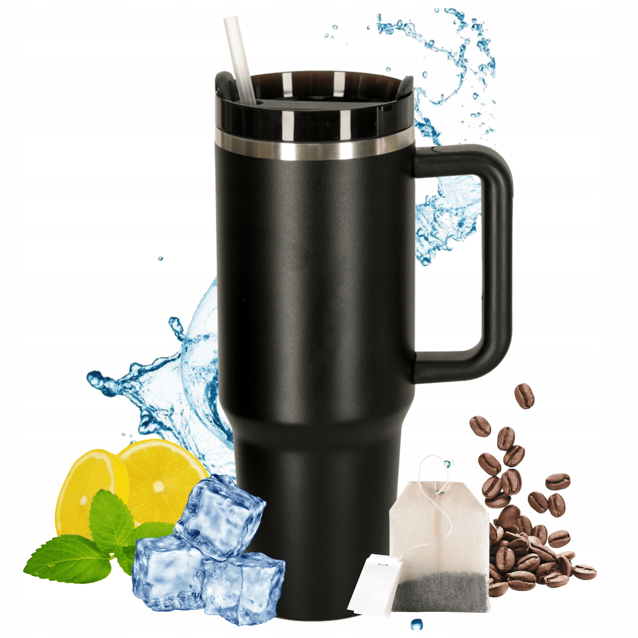 Термокружка нержавеющая с трубочкой и ручкой 900 мл Черный (XJ5557)