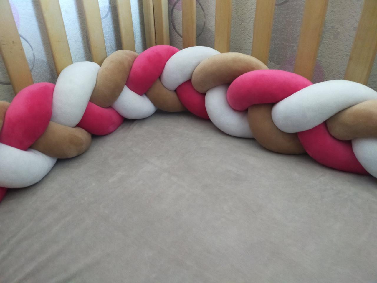 Бортик в кроватку косичка трехпрядная 120x18 см Белый/Розовый (1480393924)