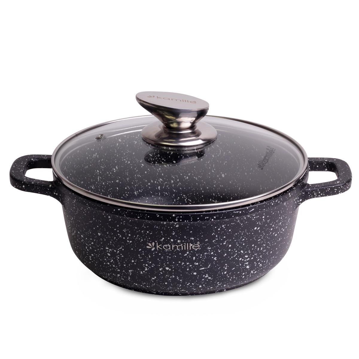 Кастрюля со стеклянной крышкой и антипригарным покрытием Kamille КМ-4404 из литого алюминия 2,3 л Черный мрамор (150-84-4404) - фото 2 Кастрюля со стеклянной крышкой и антипригарным покрытием Kamille КМ-4404 из литого алюминия 2,3 л Черный мрамор (150-84-4404) - фото 2