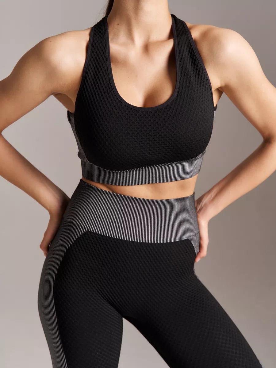 Спортивний костюм жіночий Push Up фітнес комплект трійка рашгард на блискавці топ лосини Push Up для тренувань S Чорно-сірий (70060S) - фото 4