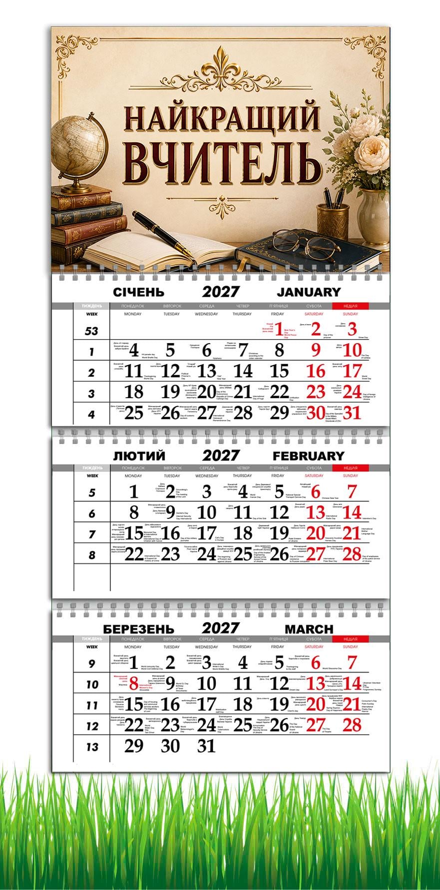 Календарь настенный квартальный на 2027 год APRIORI "Найкращий вчитель" 30х61 см (37216386)