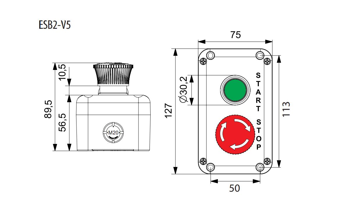 Пост двомісний ETI ESB2-V5 Старт-Стоп 230V 1NO+1NC IP65 грибок (4771627) - фото 2