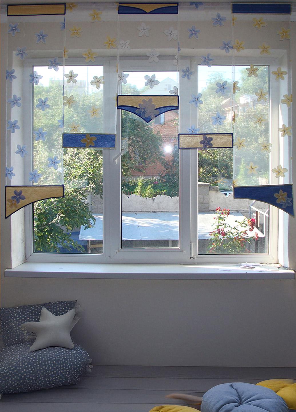 Комплект панельных занавесок Firanka Flowers карниз 180 см 5 шт. Желтый с синим (22_7п)