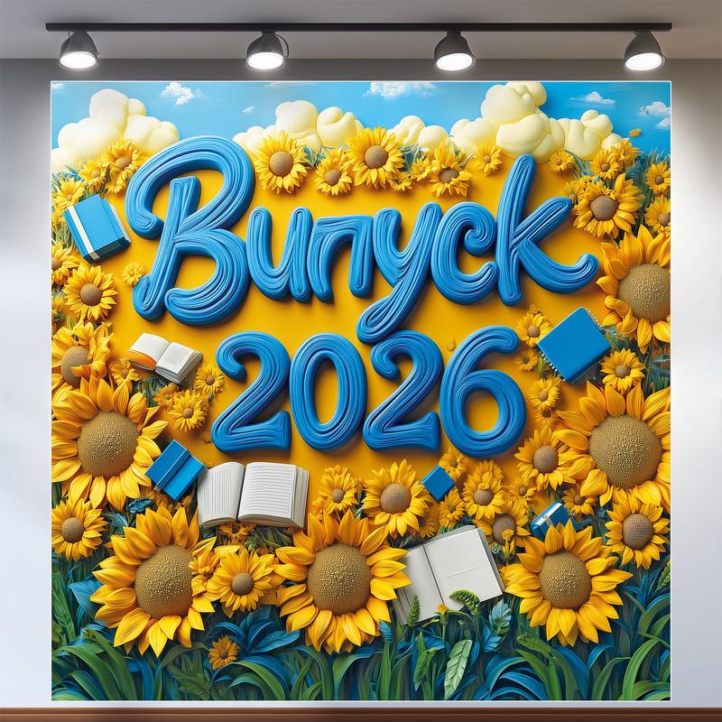 Баннер для фотозоны "Випуск 2026" голубая надпись в окружении подсолнечников и белых тетрадей 120x120 см №41004 Баннер для фотозоны "Випуск 2026" голубая надпись в окружении подсолнечников и белых тетрадей 120x120 см №41004