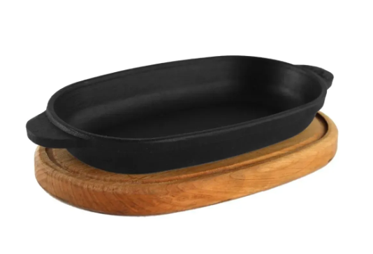 Сковорода чавунна Brizoll порційна овальна HoReCa з дерев'яною овальною підставкою 180х100 мм (H1810-D)