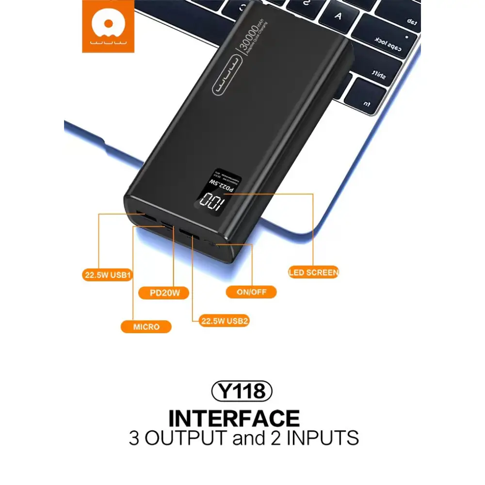 Повербанк зі швидкою зарядкою Wuw Y118 30000 mAh 2USB/Type-C Чорний (216-00048) - фото 4