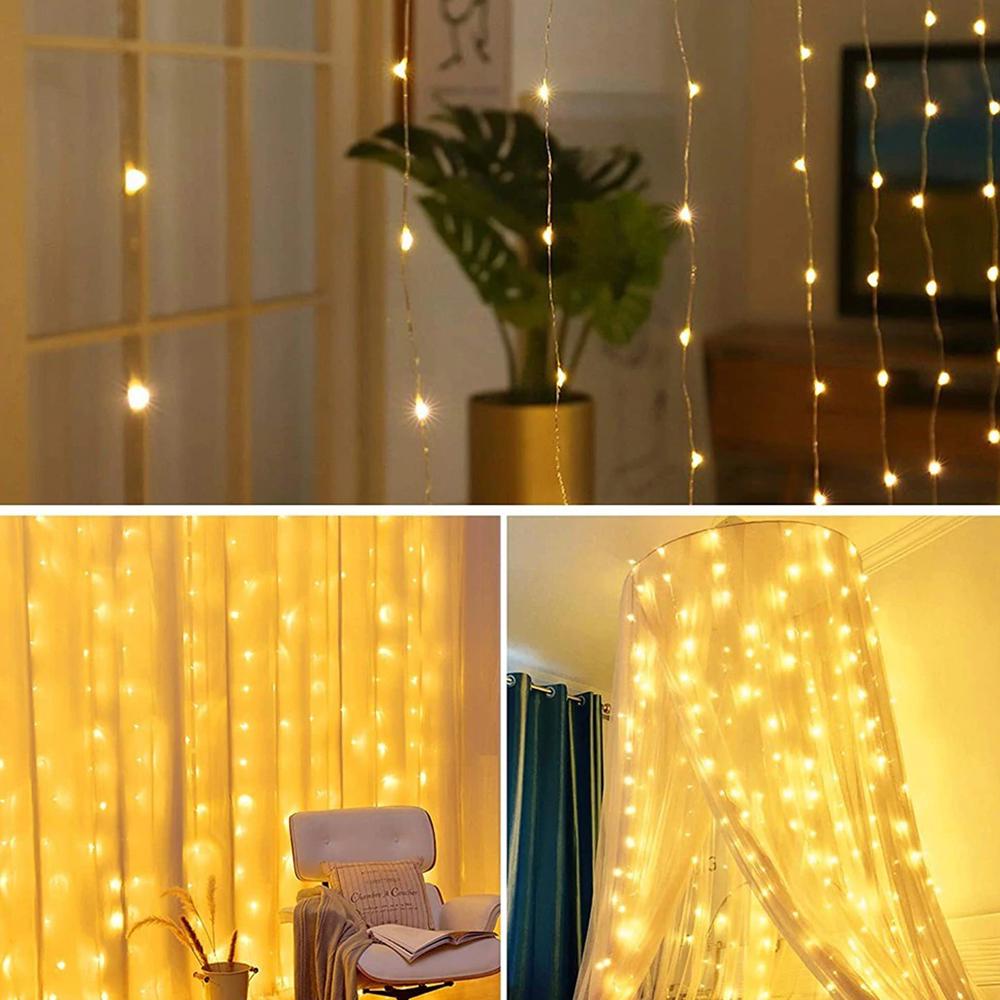 Гірлянда штора Роса від USB і батарейок/з пультом/прозора жилка Теплий білий - фото 9