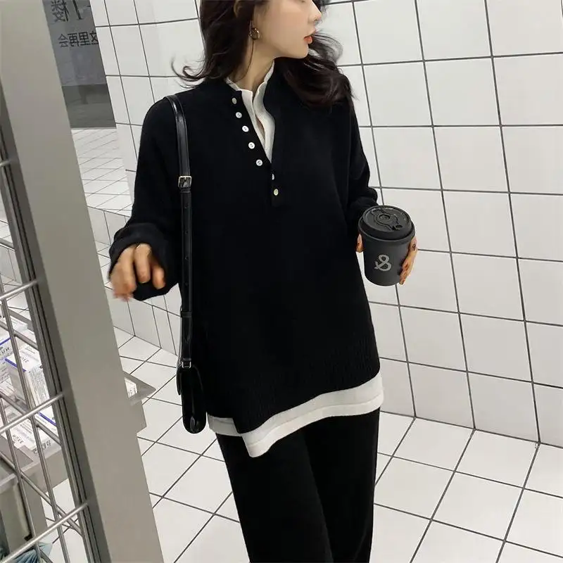 Костюм женский трикотажный оверсайз свитер и штаны р. 48 Черный (MH00011-2) - фото 2 Костюм женский трикотажный оверсайз свитер и штаны р. 48 Черный (MH00011-2) - фото 2