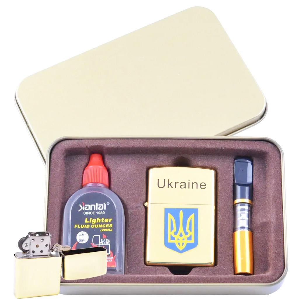 Зажигалка Kantai XT-4930-1 Gold Герб Украины с бензином и мундштуком в коробке (10847)