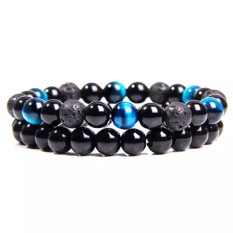 Комплект браслетів з лавового каменю агату та блакитного тигрового ока р. 14 (12042)