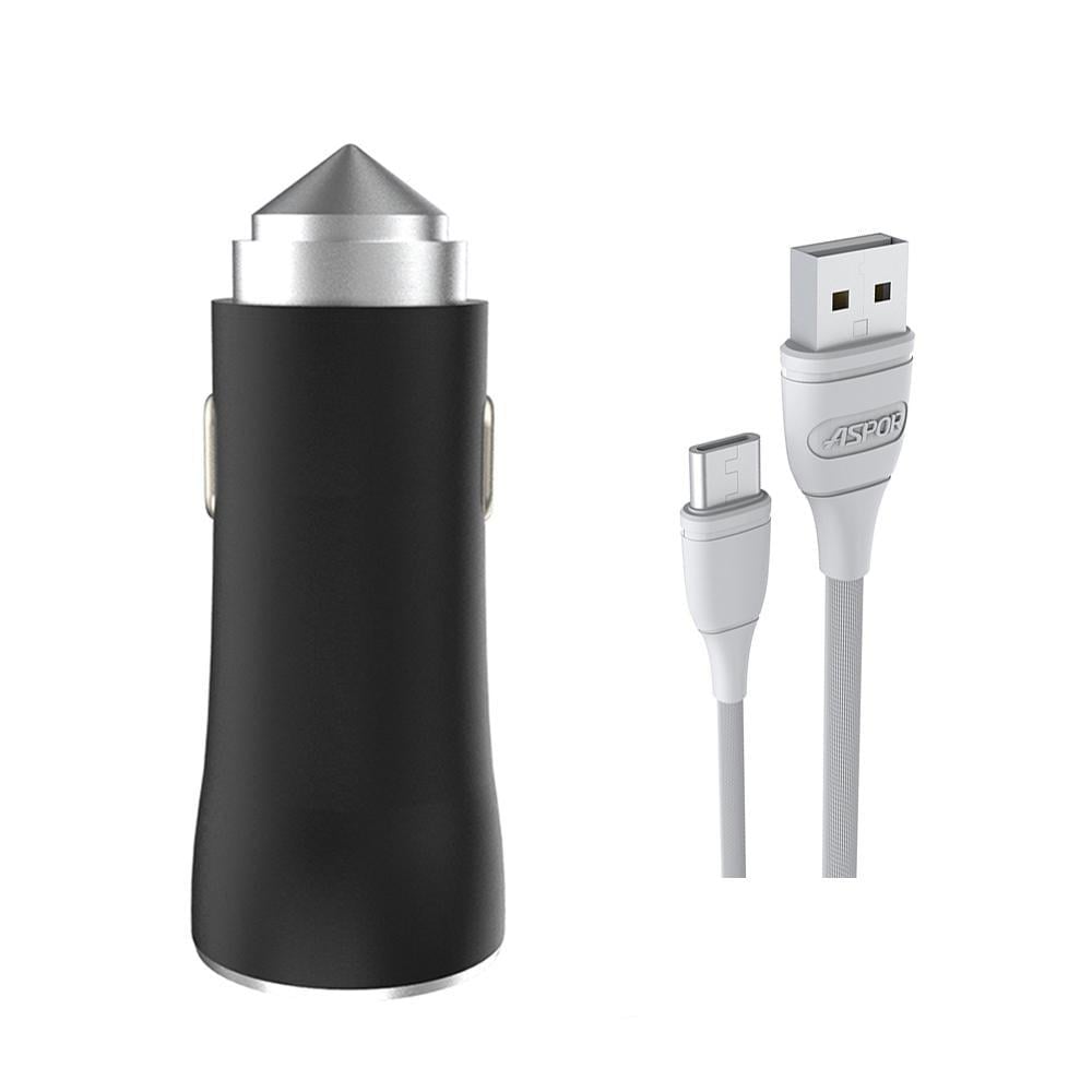 Автомобільний зарядний пристрій Aspor A918 Metal LED 2USB/3,4A та кабель USB/Type-C Чорний (920038)
