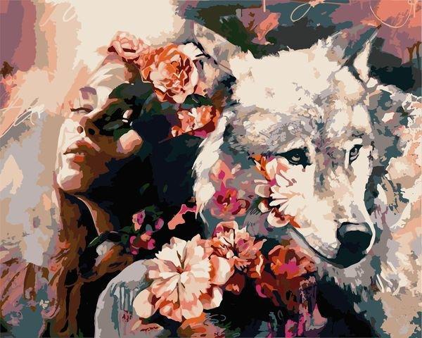 Набор для росписи по номерам Strateg Девушка с волком 40х50 см (VA-0051-mt)