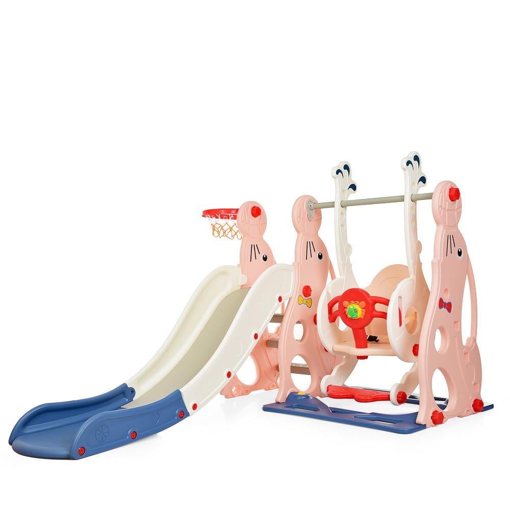 Детский игровой комплекс пластиковый Bambi WM19020-8 2в1 горка с качелями и кольцом 159х38х54 см Розовый/Белый (150-7-WM19020-8)
