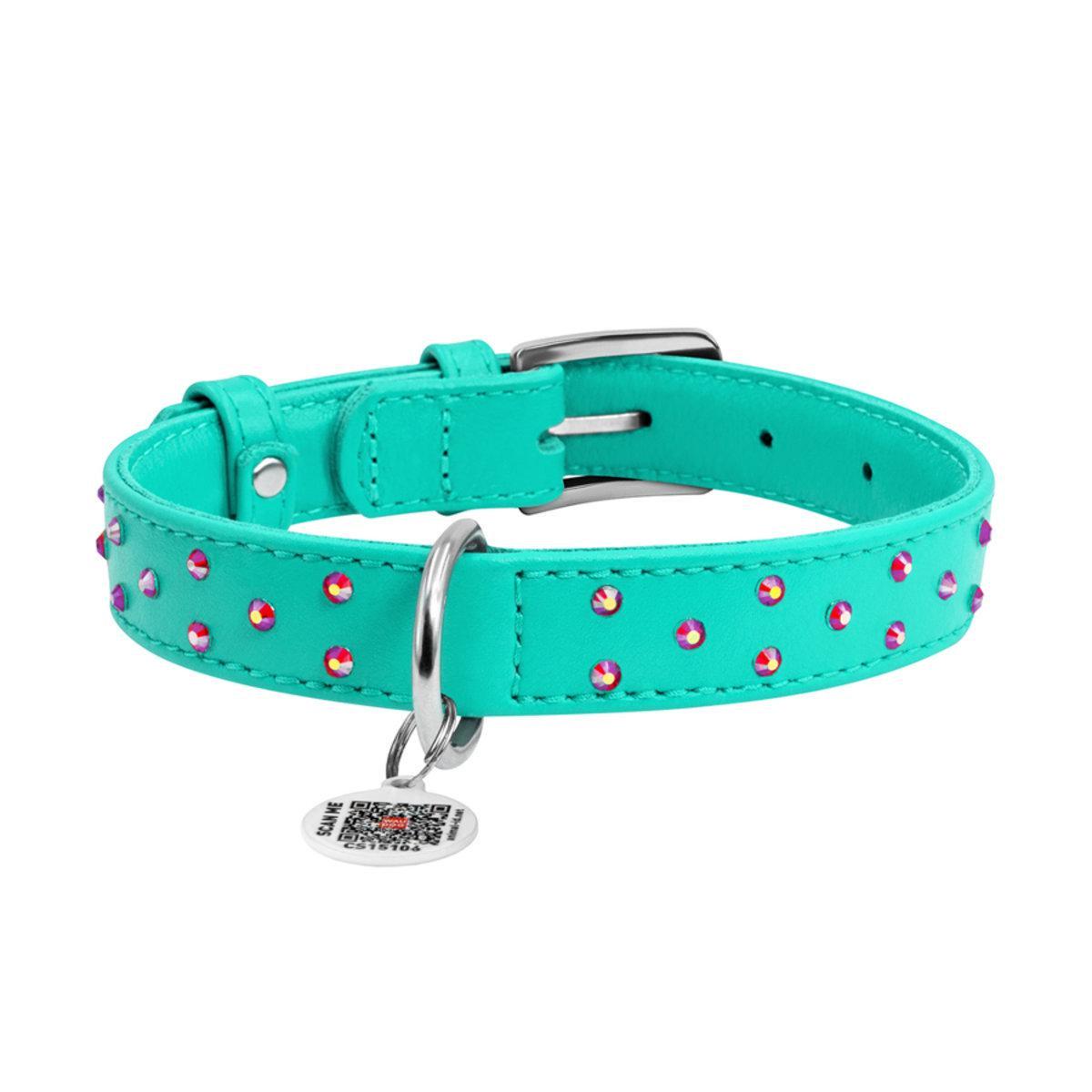 Ошейник для собак кожаный Waudog Glamour с QR паспортом/клеевыми стразами 25 мм х 38-49 см Ментоловый (327913 Col)