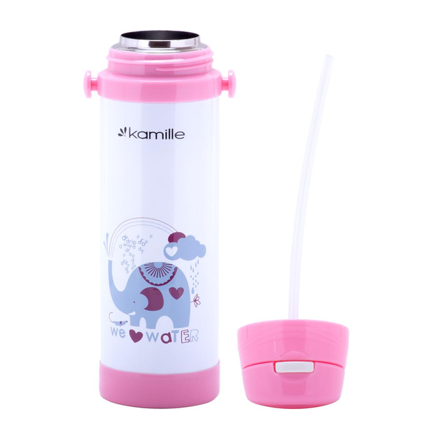 Термопляшка дитяча з ремінцем та трубочкою для пиття Kamille KM-2086 з нержавіючої сталі 500 мл Рожевий (150-84-2086.1) - фото 4 Термопляшка дитяча з ремінцем та трубочкою для пиття Kamille KM-2086 з нержавіючої сталі 500 мл Рожевий (150-84-2086.1) - фото 4