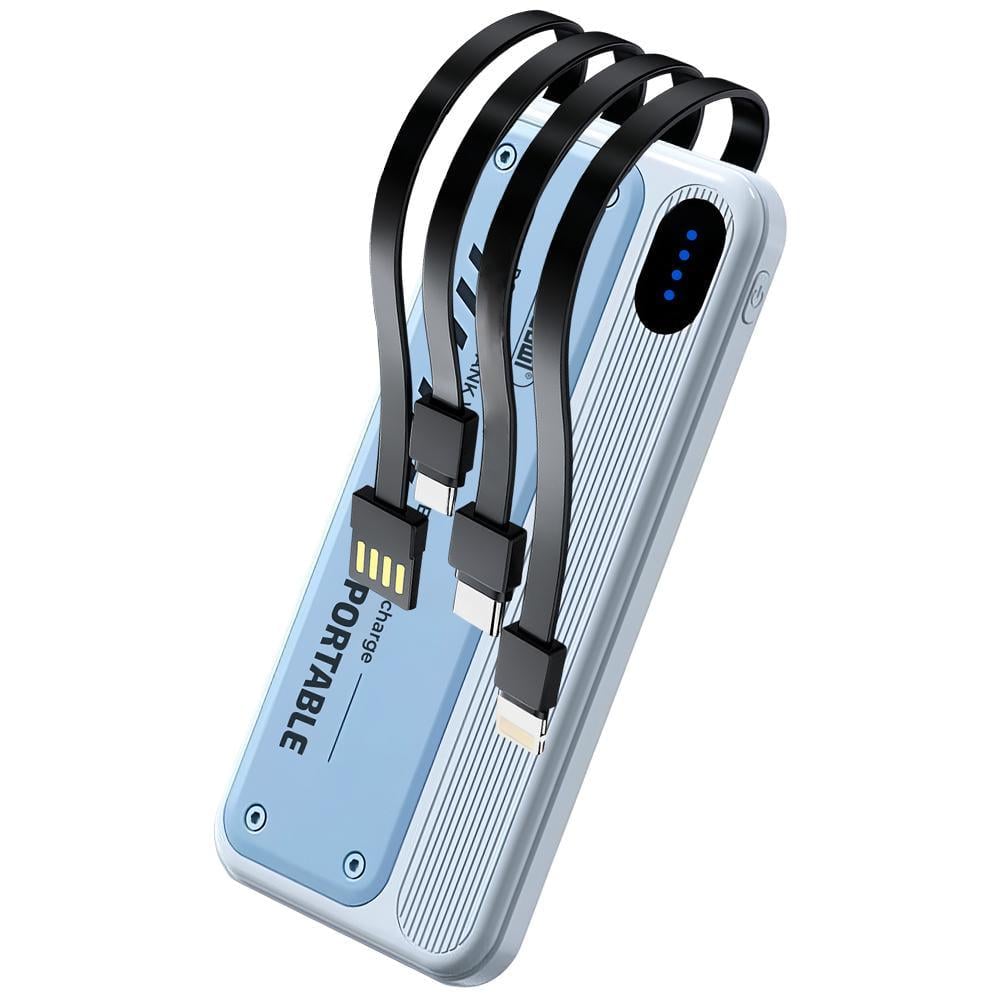 Повербанк Andowl Q-DC98X1 со встроенными кабелями Type-C/lightning/micro USB-A 12000 mAh Бело-голубой (717742c1)
