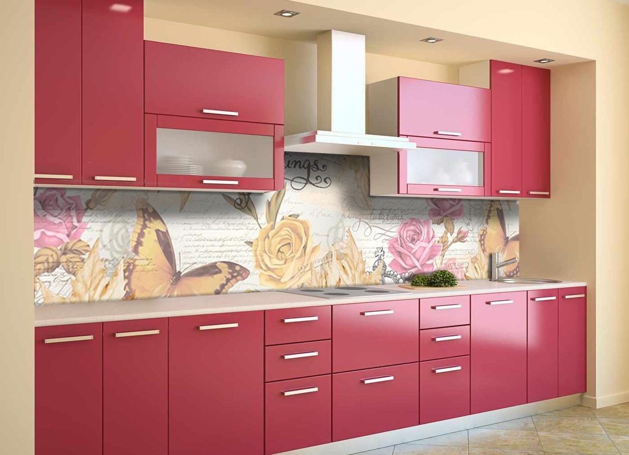 Кухонный фартук Текстура бабочка розы винтаж из самоклеющейся виниловой пленки 65х250 см Бежевый