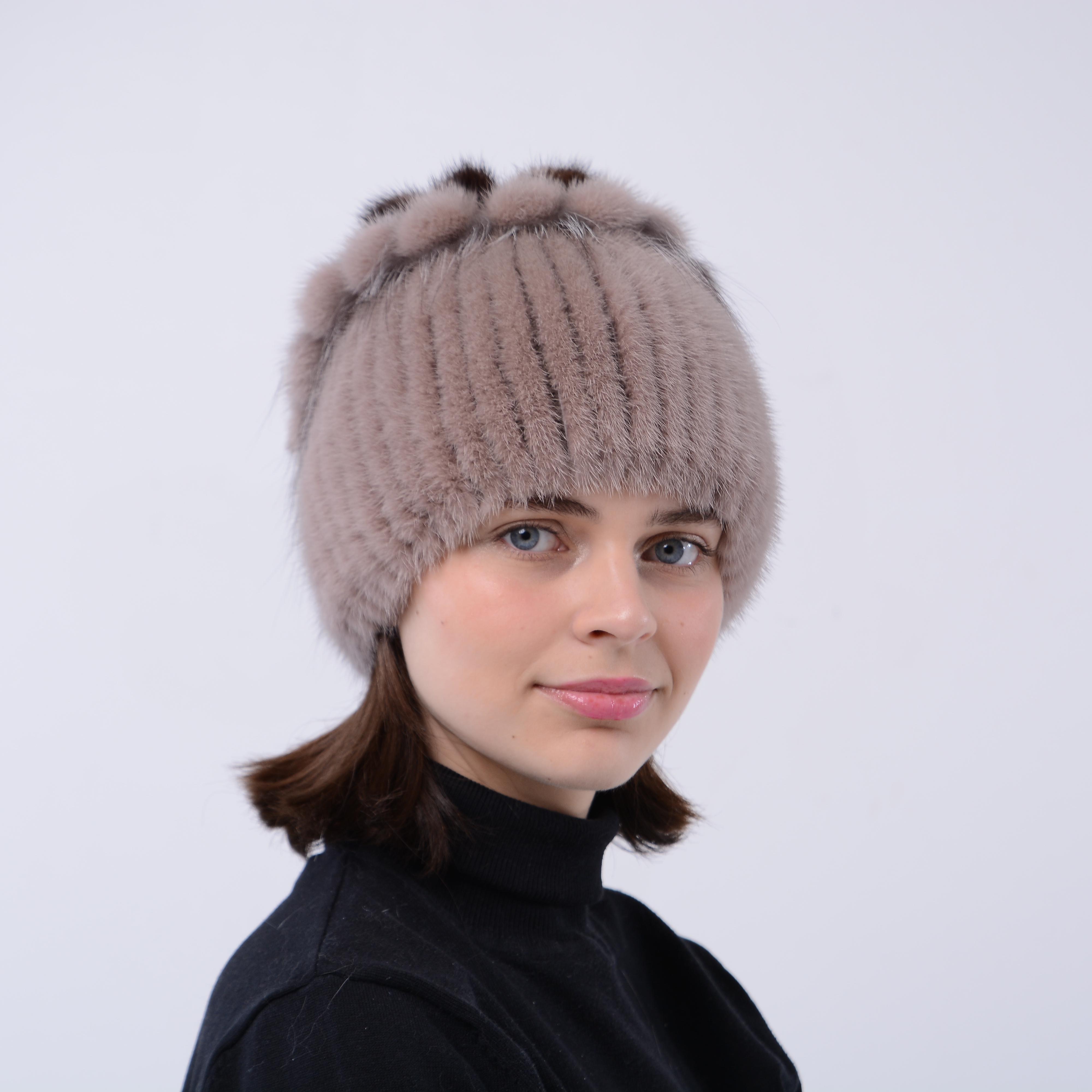 Шапка женская из вязаной норки Меховой стиль Петли из натурального меха XL-XXL Какао (101/K)