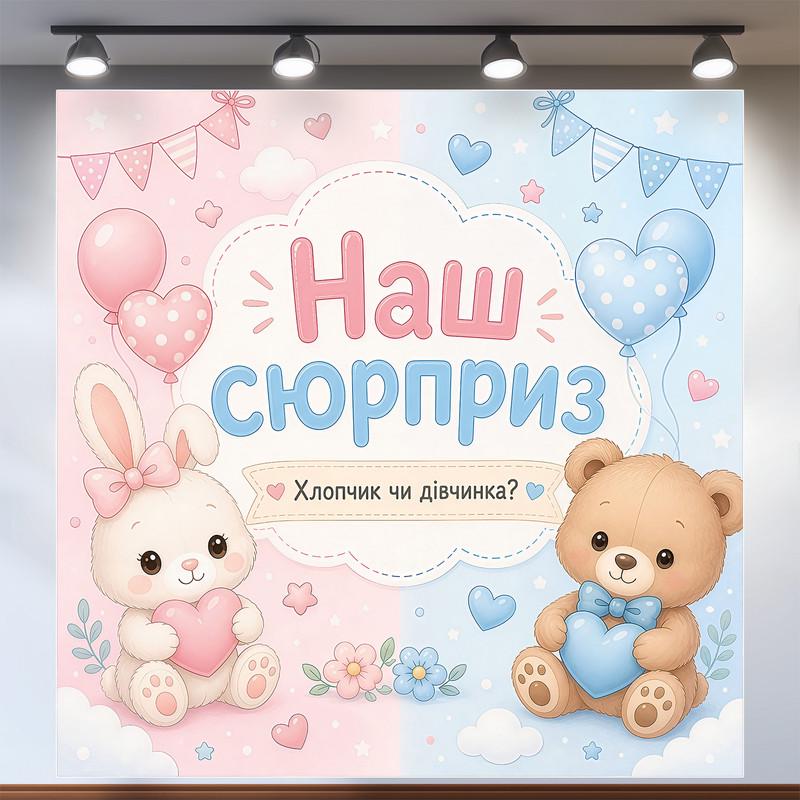 Баннер для фотозоны Наш сюрприз Мальчик или девочка с зайчиком и мишкой 120x120см, №48555