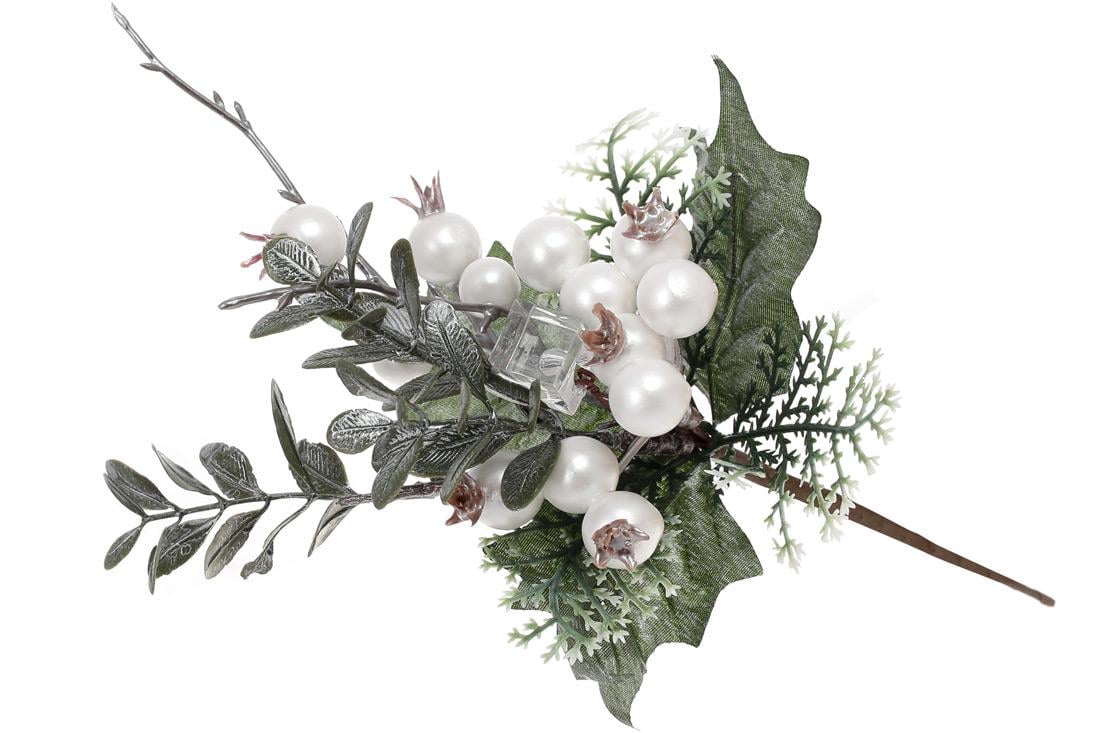 Декоративная ветка Bonadi из хвои перламутровых ягод с кристаллом 25 см Белый с серебряным покрытием (903-557)