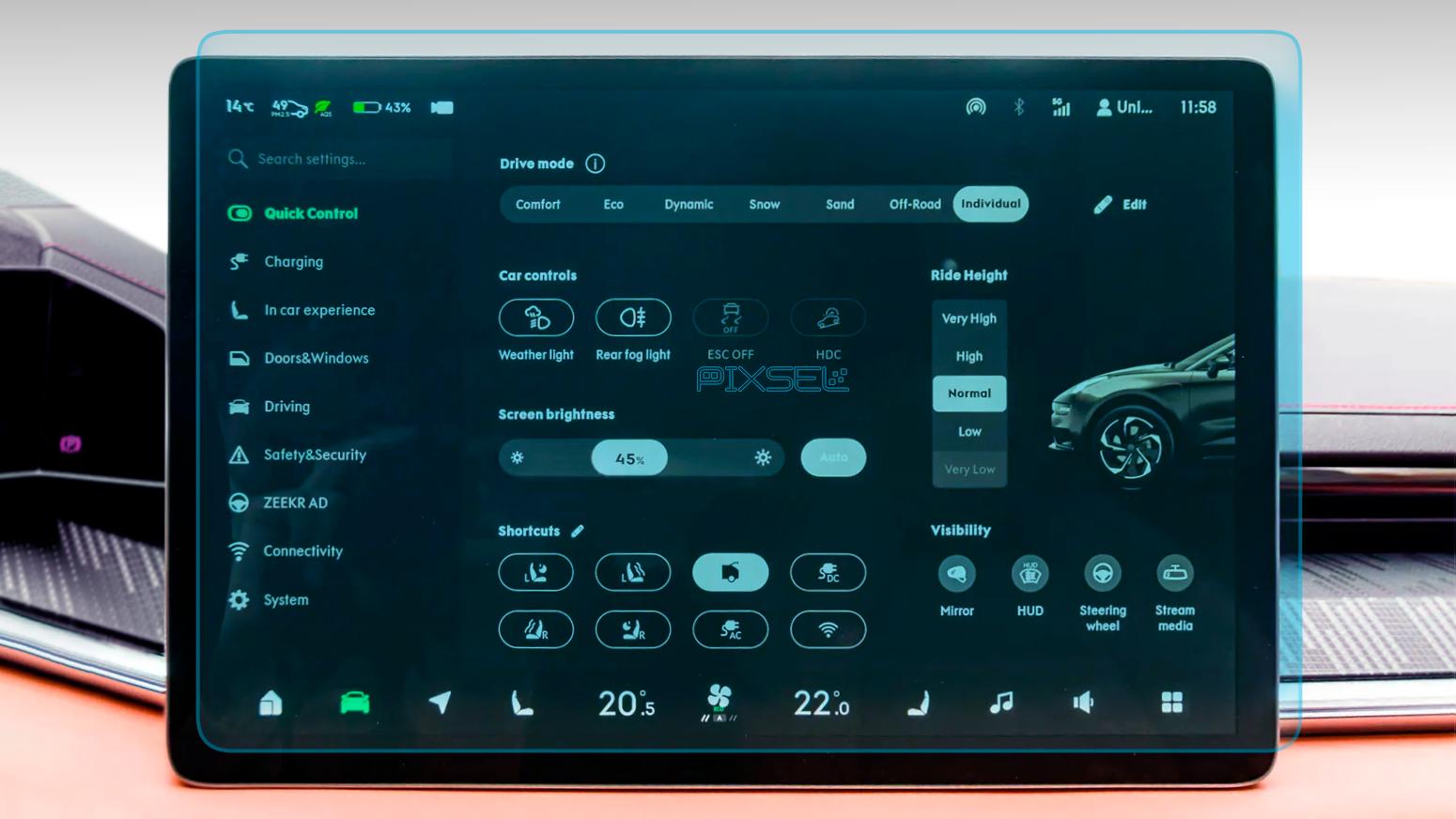 Защитное стекло Pixsel гибридное матовое на монитор Zeekr 001 16,6" 2022-2024