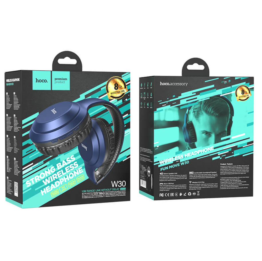 Навушники бездротові Hoco W30 Fun move BT headphones BT5.0 AUX/FM/TF 8h Синій - фото 4