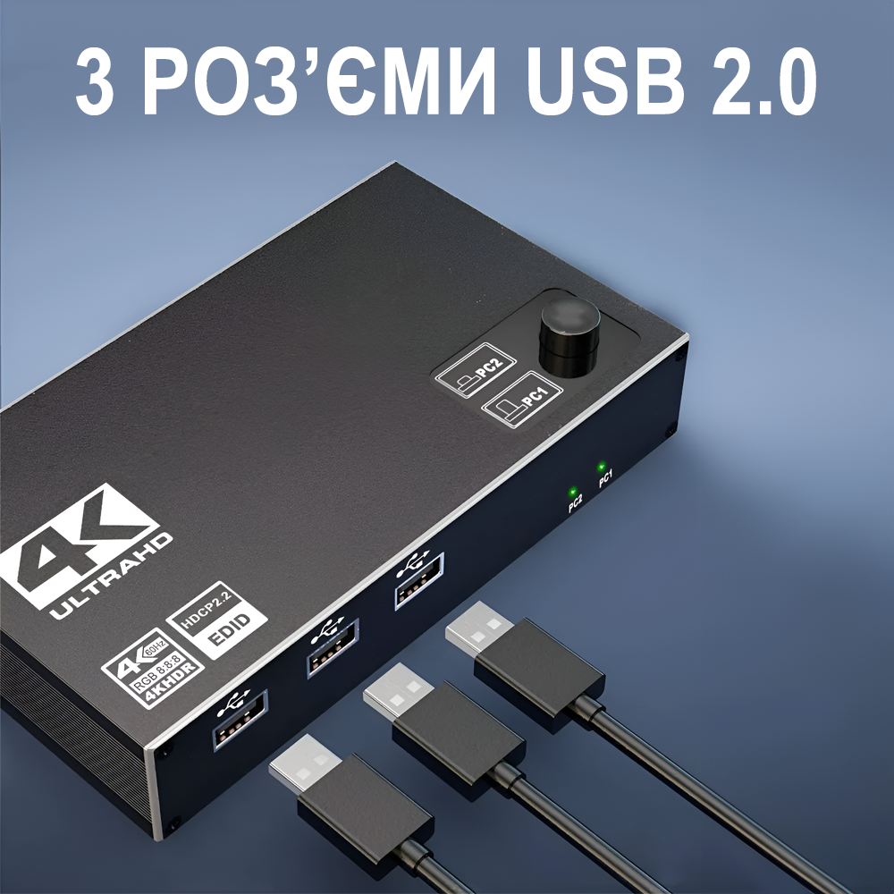 Переключатель KVM на 2 компьютера Addap KVMS-01 2 USB HDMI 4K 60Гц - фото 5 Переключатель KVM на 2 компьютера Addap KVMS-01 2 USB HDMI 4K 60Гц - фото 5