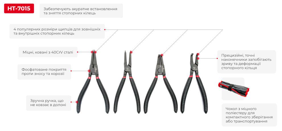 Набор щипцов для снятия и установки стопорных колец Intertool HT-7015 4 шт. 180 мм 40 CrV фосфатированные - фото 11