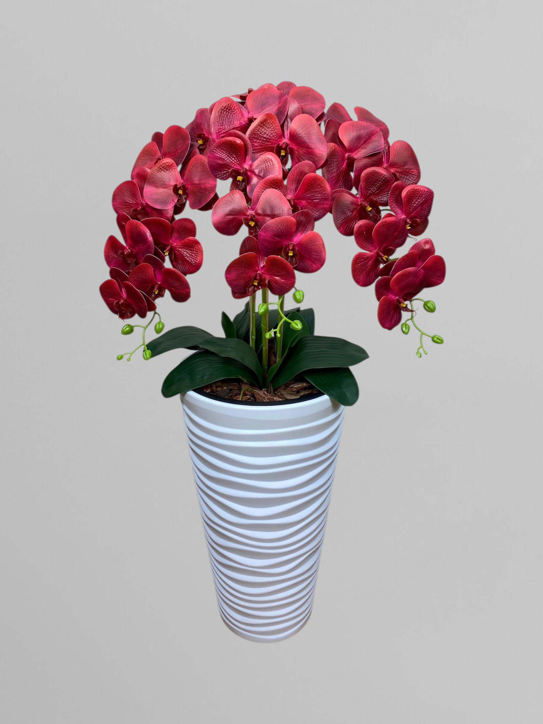 Композиция напольная из латексных орхидей на 3 веточки в пластиковом кашпо 110 см Красный (А218)