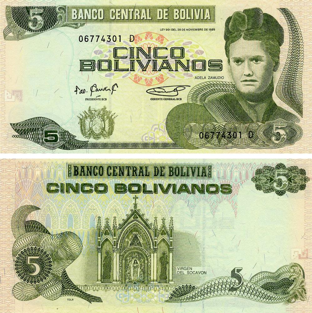 Коллекционная банкнота Боливия 5 боливиано 1986/1995 UNC (P217)