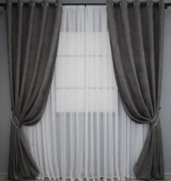 Шторы на люверсах в гостиную/спальню Sparta микровелюр 1,5х2,5 м 2 шт. Темно-серый (1092ш)