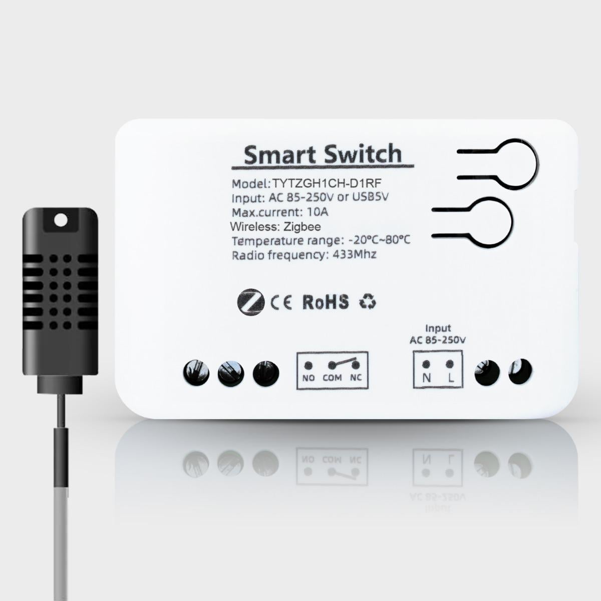 Реле одноканальное ZigBee с сухим контактом и датчиком температуры и влажности Tuya (AC 85-250V)