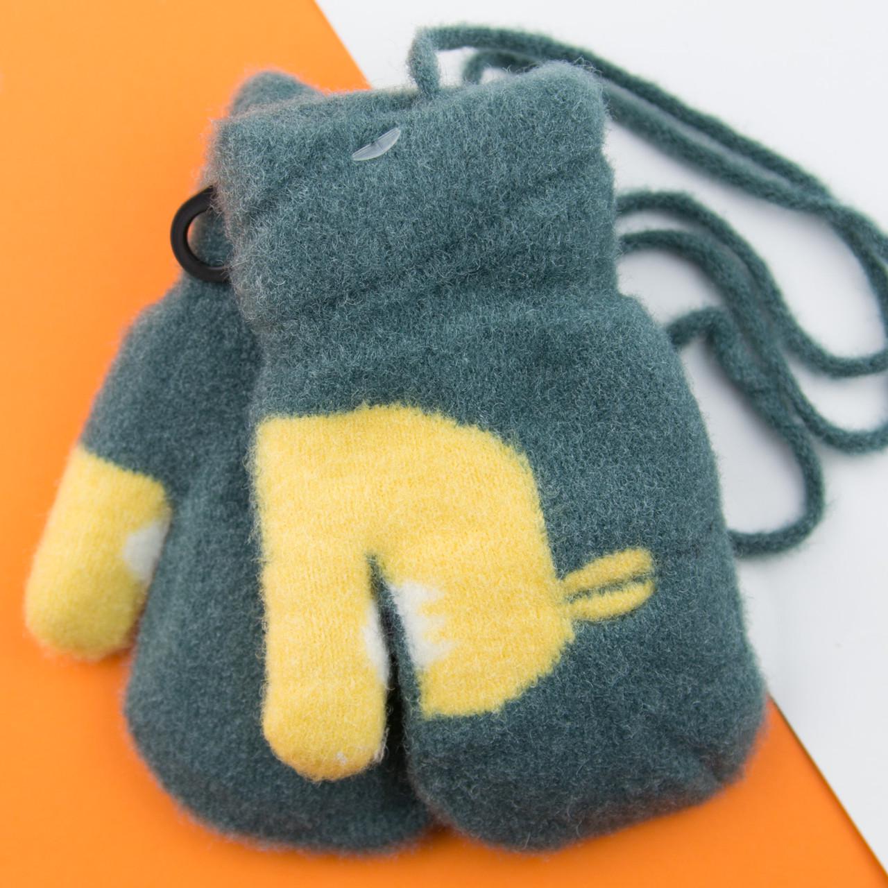 Варежки для малышей зимние с мехом на 2-3 года на веревочке 22-25-42 Зеленый (DR009957)