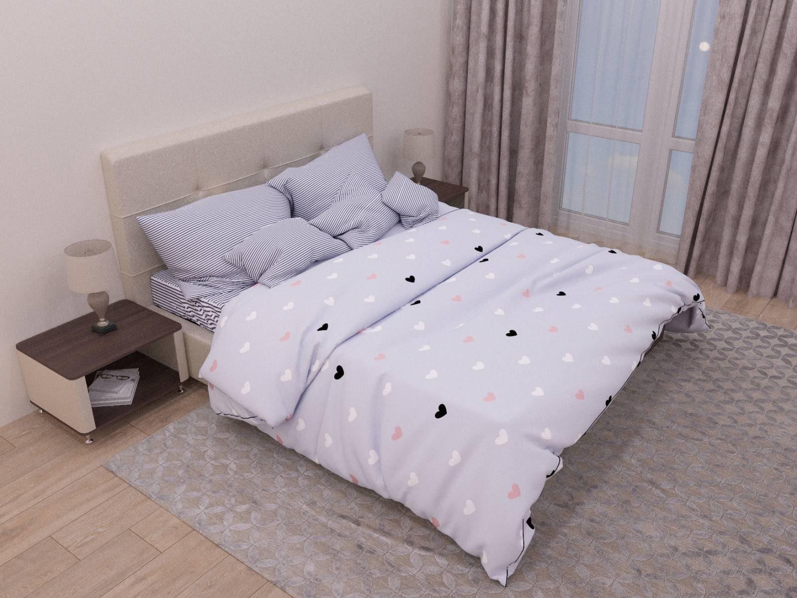 Комплект постельного белья с сердечками бязь Gold полуторный Серый