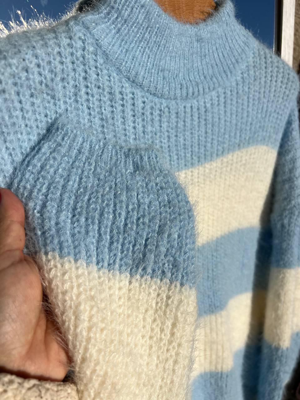 Светр жіночий A-N 2157 широка смуга короткий пухнастий ангора р. 42-46 Блакитний (3056) - фото 5