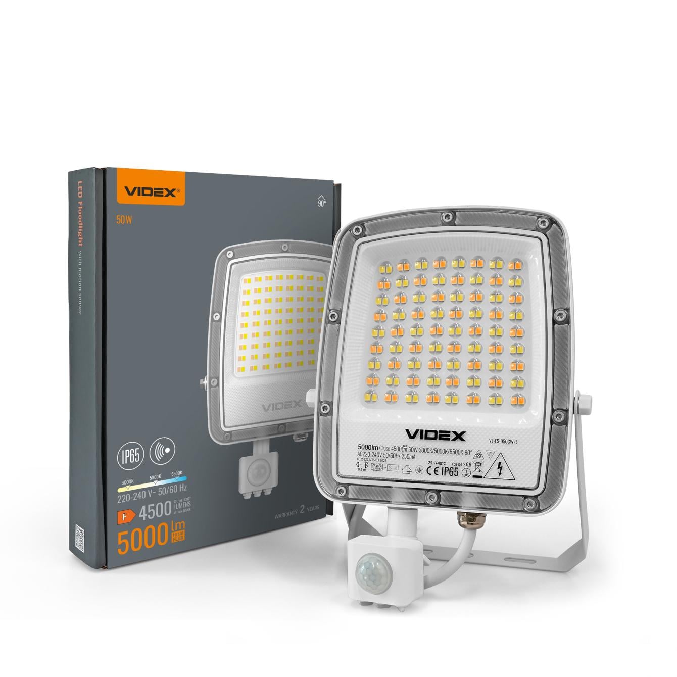 Прожектор LED Videx F5 VL-F5-050CW-S 50W 3000/400/6500K з датчиком руху 230V White (29262) Прожектор LED Videx F5 VL-F5-050CW-S 50W 3000/400/6500K з датчиком руху 230V White (29262)