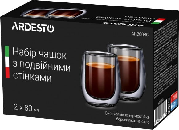 Набір склянок для еспресо з подвійними стінками Ardesto 80 мл 2 шт. (AR2608G) - фото 2