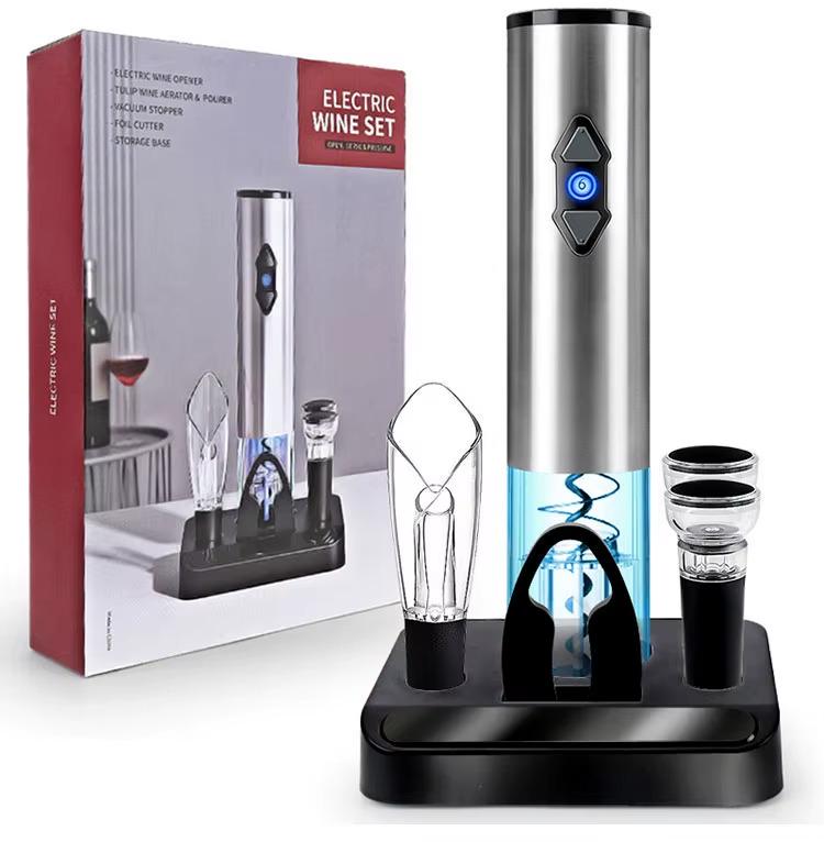 Штопор электрический на батарейках для вина 6в1 2 пробки/нож для фольги/подставка Серебристый