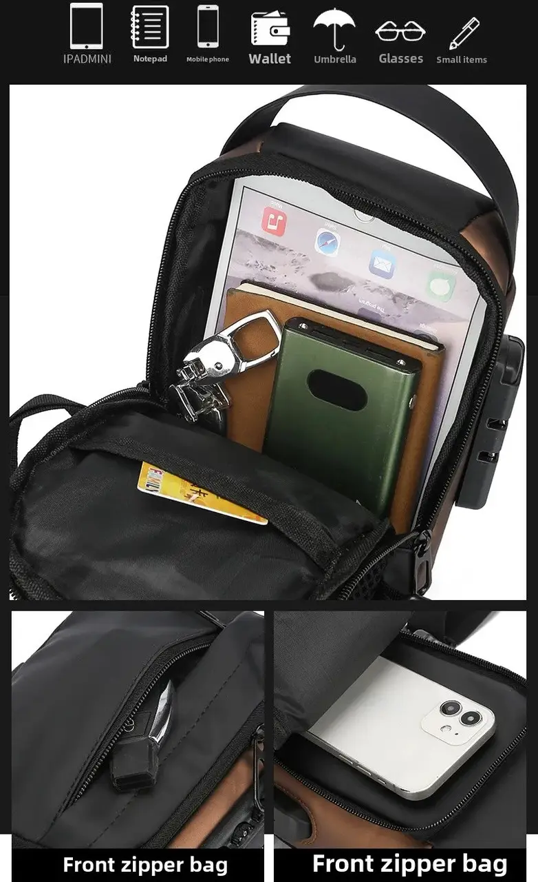 Сумка нагрудна чоловіча водонепроникна USB Чорний з коричневим (29697215) - фото 6 Сумка нагрудна чоловіча водонепроникна USB Чорний з коричневим (29697215) - фото 6