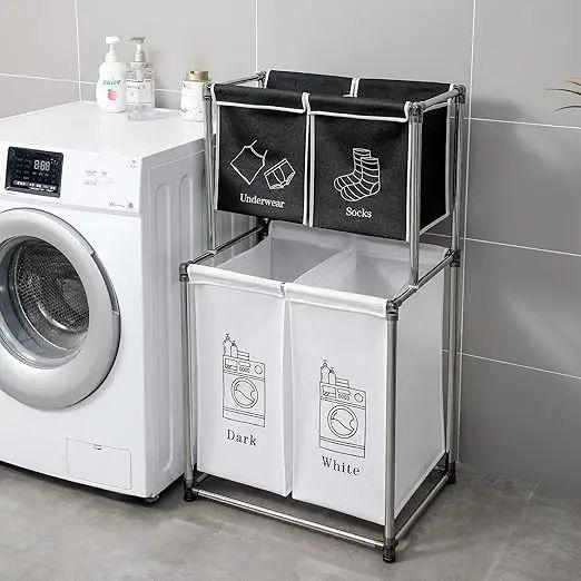 Корзина для белья складная SKLM-24 с металлическим каркасом и тканевыми вставками 4 секции 97х57х28 см (opt-103144)