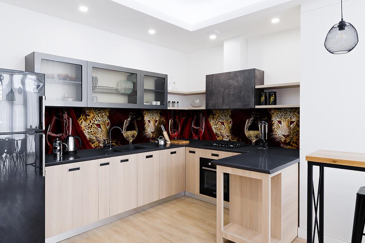 Кухонный фартук Леопарды и вино из самоклеющейся виниловой пленки 65х250 см Красный